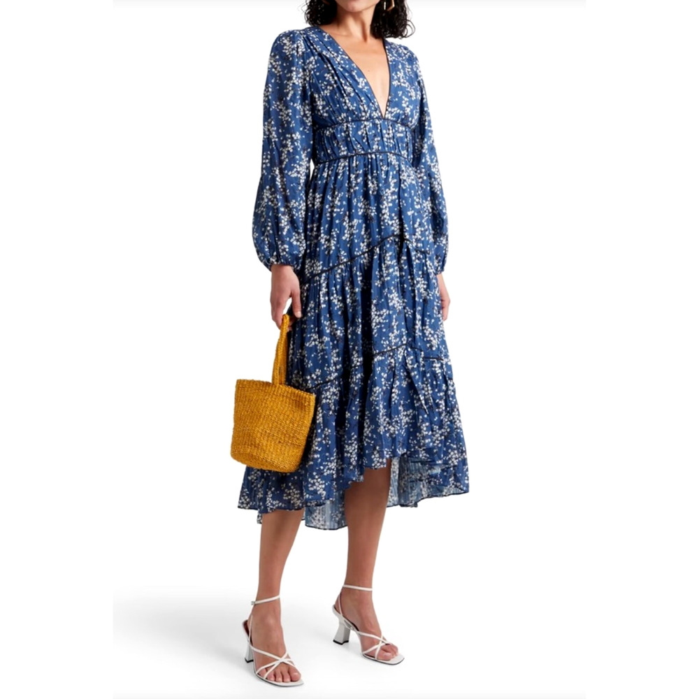 Ulla Johnson 2 Floral SILK $479 Midi John Dress Cotton Long Sleeve Navy Blue